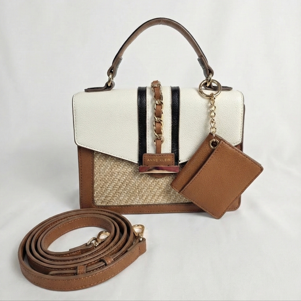 Anne Klein White & Brown Woven Crossbody w/ Detachable Wallet Pouch!